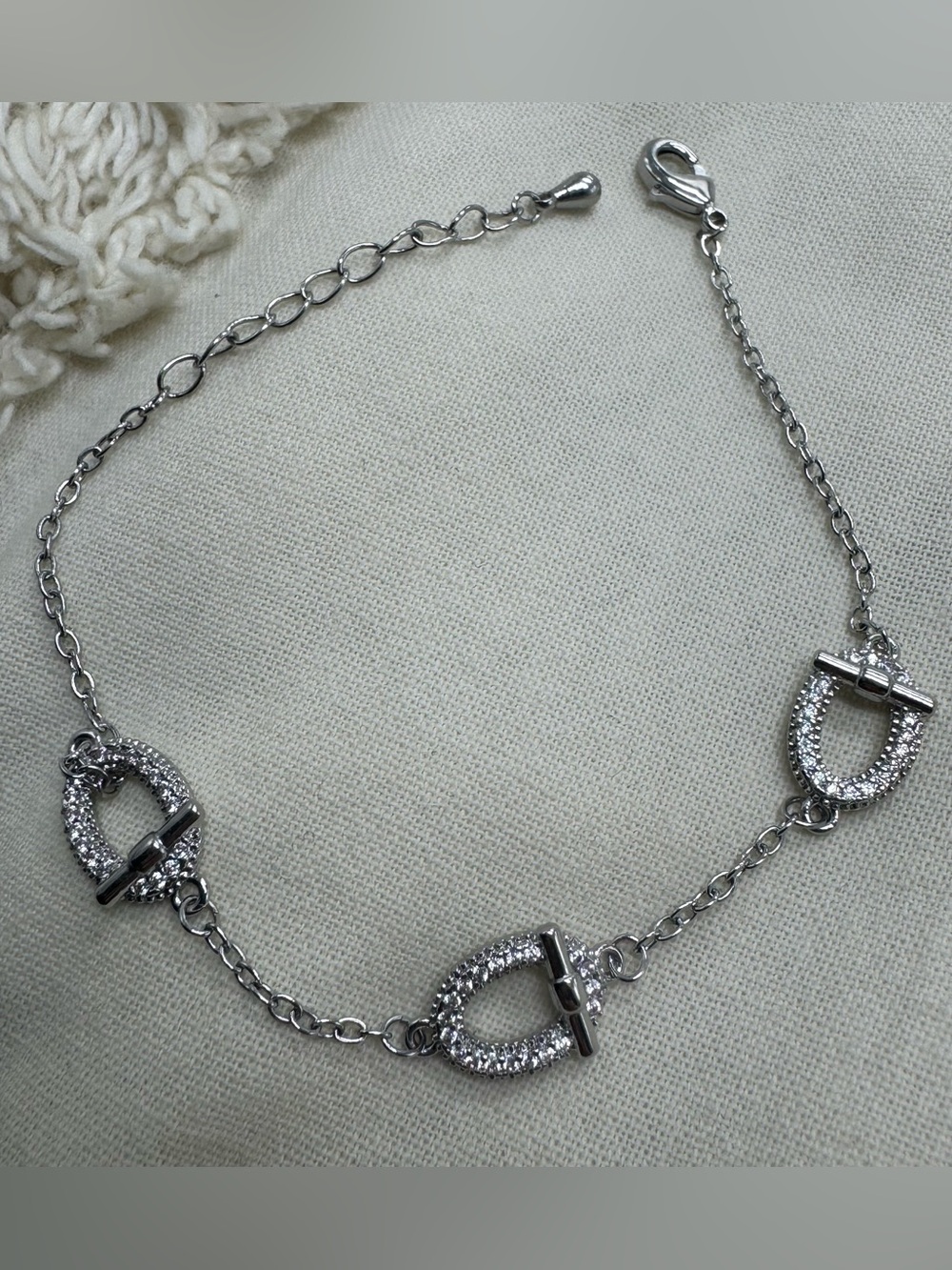 Silver Tone Pavé CZ Oval Link Chain Bracelet